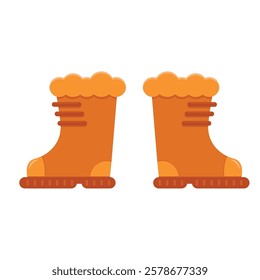 Winter Boots with Fur Trim. Pair of orange rubber boots with fluffy fur trim, thick soles, and decorative side straps on a white background. Vector illustration