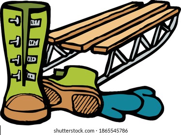 Las botas de invierno y los mitones son críticos para ir a dormir la nieve. Esta ilustración presenta botas de nieve, mitones de invierno y una bola de nieve. 