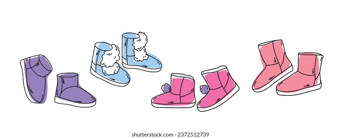 Winter boots set. A pair of winter warm women's boots set. Fur ugg boots. Vector illustration isolated on white background.