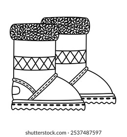 Winter boots ugg doodle style. Hand drawn black and white isolated. Vector illustration