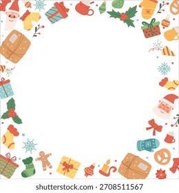 Modelo de plano de fundo de borda de inverno. Bola de Natal, presente set.Feliz Ano Novo posters.Winter feriado saudação backgrounds.Christmas decoração frame.Santa Claus e presentes.
