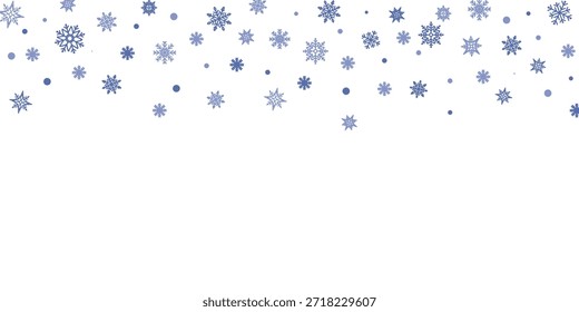 Borde de invierno con copos de nieve azules que caen suavemente sobre un fondo blanco, creando un concepto de vacaciones de invierno sereno y festivo 