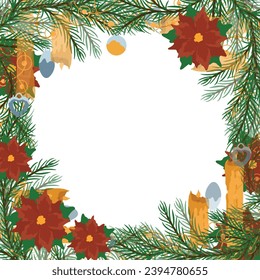 Winter border of fir branches, decorated with poinsettia, garland, candles and Christmas balls. Modern design for holiday invitation card, poster, banner, greeting card, postcard, packaging, print. Ve