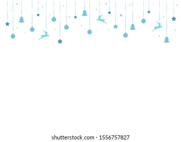 Winter border with flat blue snowflakes, stars, deers and ribbons on white background. New Year backdrop. Vector Christmas background for card, invitation, wallpaper.