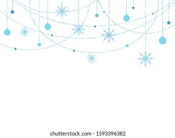 Winter border with flat blue snowflakes, stars and dots on white background. New Year backdrop. Vector Christmas background for card, invitation, wallpaper.
