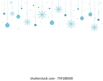 Winter border with flat blue snowflakes, stars and dots on white background. New Year backdrop. Vector Christmas background for card, invitation, wallpaper.