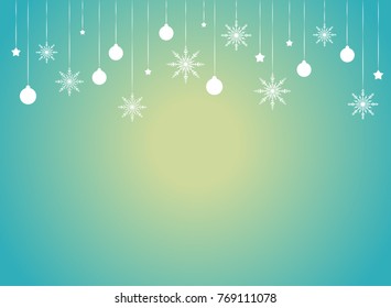 Winter border with flat white snowflakes, stars and ribbons on blue background with yellow highlight. New Year backdrop. Vector Christmas background for card, invitation, wallpaper.