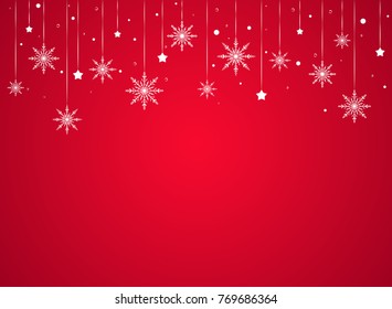 Winter border with flat white snowflakes, stars and dots on red background. New Year backdrop. Vector Christmas background for card, invitation, wallpaper.