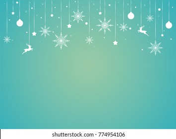 Winter border with flat white snowflakes, stars, deers and ribbons on blue background with yellow highlight. New Year backdrop. Vector Christmas background for card, invitation, wallpaper.