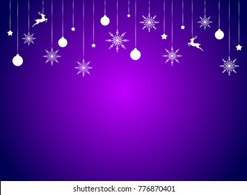 Winter border with flat white snowflakes, stars, deers and ribbons on purple background. New Year backdrop. Vector Christmas background for card, invitation, wallpaper.