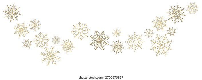 Frontera de invierno con copos de nieve de oro sobre fondo blanco. Guirnalda festiva mínima para Navidades y decoración de Año Nuevo. Diseño elegante escarchado para la tarjeta de felicitación o el Anuncio. Ilustración vectorial plana