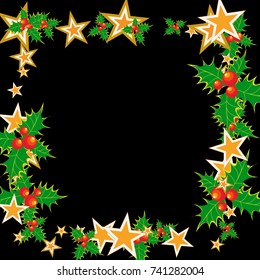 Winter border with holly and stars.Vector illustration for print, textile, paper
