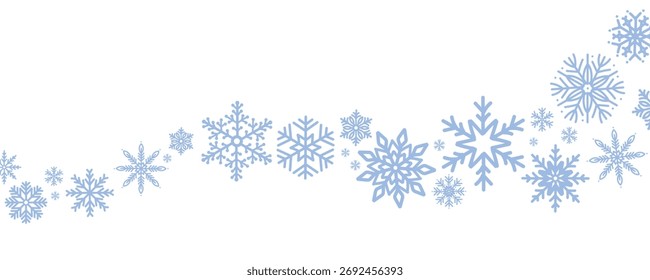 Frontera de invierno con copos de nieve azul claro sobre fondo blanco. Guirnalda festiva mínima para Navidades y decoración de Año Nuevo. Diseño elegante escarchado para la tarjeta de felicitación o el Anuncio. Ilustración vectorial plana