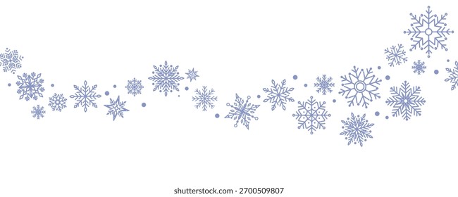 Frontera de invierno con copos de nieve azul claro sobre fondo blanco. Guirnalda festiva mínima para Navidades y decoración de Año Nuevo. Diseño elegante escarchado para la tarjeta de felicitación o el Anuncio. Ilustración vectorial plana