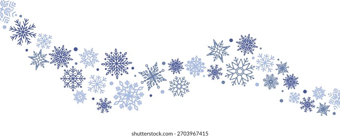 Frontera de invierno con copos de nieve azul claro sobre fondo blanco. Guirnalda festiva mínima para Navidades y decoración de Año Nuevo. Diseño elegante escarchado para la tarjeta de felicitación o el Anuncio. Ilustración simple plana
