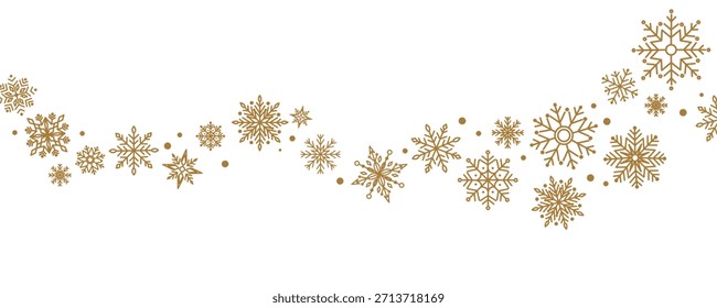 Winter border with light blue snowflakes on white background. Minimal festive garland for Christmas and New Year decoration. Flat vector illustration
