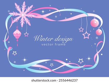 Winter border with ribbons and decorations, vector frame background. Design template for Merry Christmas and New Year postcard, posters, polygraphy