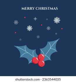 Winter border with snowflake and mistletoe. Christmas card on blue background. Vector illustration