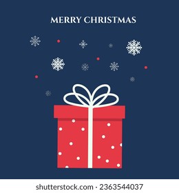 Winter border with snowflake and red gift box. Christmas card on blue background. Vector illustration
