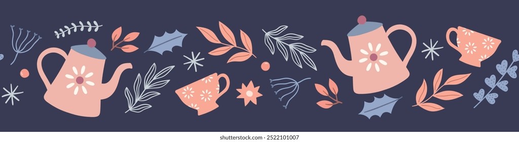 Limite de inverno com uma chaleira, xícara e folhas. Estilo escandinavo