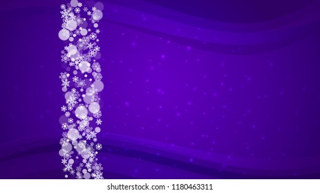 Winter border with ultra violet snowflakes. New Year backdrop. Snow frame for flyer, gift card, party invite, retail offer and ad. Christmas trendy background. Holiday frosty banner with winter border