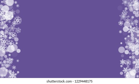 Winter border with ultra violet snowflakes. New Year backdrop. Snow frame for flyer, gift card, party invite, retail offer and ad. Christmas trendy background. Holiday frosty banner with winter border