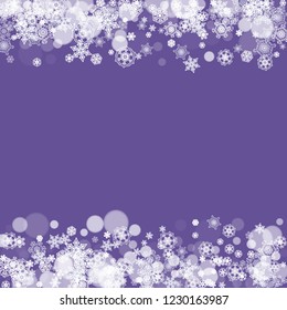 Winter border with ultra violet snowflakes. New Year frosty backdrop. Snow frame for flyer, gift card, party invite, retail offer and ad. Christmas trendy background. Holiday banner with winter border