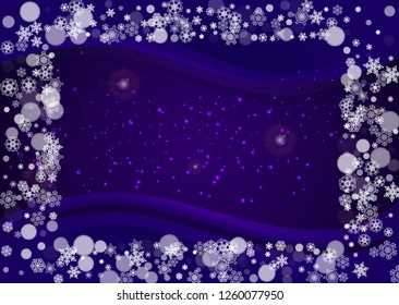 Winter border with ultra violet snowflakes. New Year snowy backdrop. Snow frame for flyer, gift card, invitation, business offer and ad. Christmas trendy background. Holiday banner with winter border