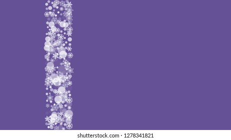 Winter border with ultra violet snowflakes. New Year backdrop. Snow frame for flyer, gift card, invitation, business offer and ad. Christmas trendy background. Holiday frosty banner with winter border
