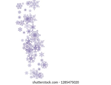 Winter border with ultra violet snowflakes. Snow frame for flyer, gift card, party invite, retail offer and ad. Christmas trendy background. Holiday winter border. New Year frosty backdrop