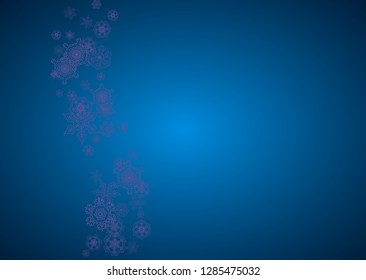 Winter border with ultra violet snowflakes. Snow frame for gift coupons, vouchers, ads, party events. Christmas trendy background. Holiday winter border. New Year snowy backdrop