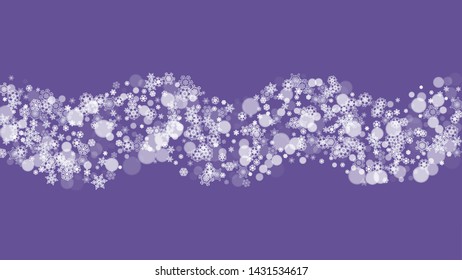 Winter border with ultra violet snowflakes. New Year backdrop. Snow frame for gift coupons, vouchers, ads, party events. Christmas trendy background. Holiday snowy banner with winter border