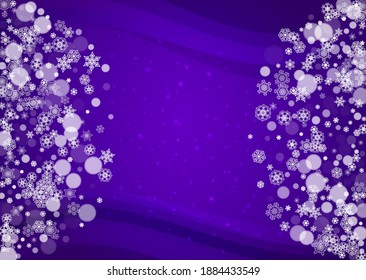 Winter border with ultra violet snowflakes. New Year snowy backdrop. Snow frame for gift coupons, vouchers, ads, party events. Christmas trendy background. Holiday banner with winter border