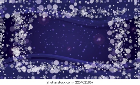 Winter border with ultra violet snowflakes. New Year backdrop. Snow frame for flyer, gift card, party invite, retail offer and ad. Christmas trendy background. Holiday snowy banner with winter border