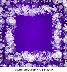 Winter border with ultra violet snowflakes. New Year snowy backdrop. Snow frame for flyer, gift card, party invite, retail offer and ad. Christmas trendy background. Holiday banner with winter border