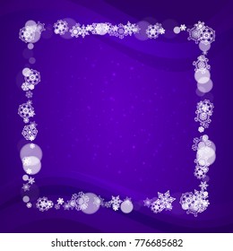 Winter border with ultra violet snowflakes. New Year snowy backdrop. Snow frame for flyer, gift card, party invite, retail offer and ad. Christmas trendy background. Holiday banner with winter border