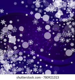 Winter border with ultra violet snowflakes. New Year frosty backdrop. Snow frame for flyer, gift card, party invite, retail offer and ad. Christmas trendy background. Holiday banner with winter border