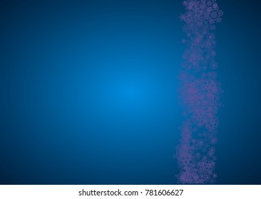 Winter border with ultra violet snowflakes. Snow frame for flyer, gift card, party invite, retail offer and ad. Christmas trendy background. Holiday winter border. New Year frosty backdrop
