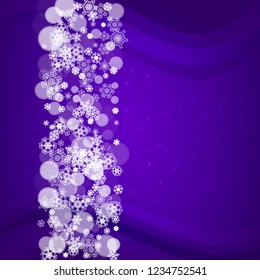 Winter border with ultraviolet snowflakes. New Year snowy backdrop. Snow frame for flyer, gift card, party invite, retail offer and ad. Christmas trendy background. Holiday banner with winter border
