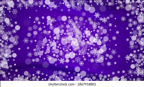 Winter border with ultraviolet snowflakes. New Year backdrop. Snow frame for flyer, gift card, invitation, business offer and ad. Christmas trendy background. Holiday frosty banner with winter border