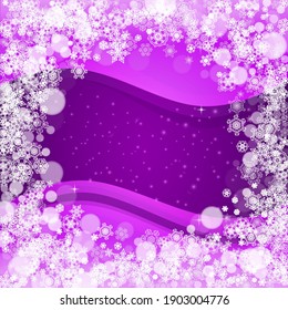 Borde invernal con copos de nieve ultravioleta. Fondo helado de Año Nuevo. Marco de nieve para cupones de regalo, vales, anuncios, fiestas. fondo de moda navideño. Banner de vacaciones con borde de invierno