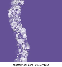 Winter border with ultraviolet snowflakes. New Year frosty backdrop. Snow frame for flyer, gift card, invitation, business offer and ad. Christmas trendy background. Holiday banner with winter border