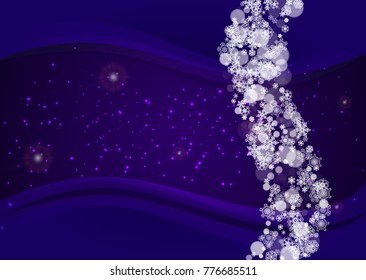 Winter border with ultraviolet snowflakes. New Year snowy backdrop. Snow frame for gift coupons, vouchers, ads, party events. Christmas trendy background. Holiday banner with winter border