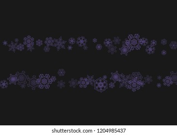 Winter border with ultraviolet snowflakes. Snow frame for flyer, gift card, invitation, business offer and ad. Christmas trendy background. Holiday winter border. New Year snowy backdrop