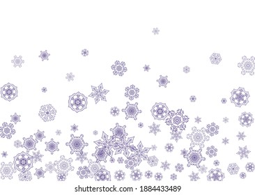 Winter border with ultraviolet snowflakes. Snow frame for flyer, gift card, invitation, business offer and ad. Christmas trendy background. Holiday winter border. New Year snowy backdrop