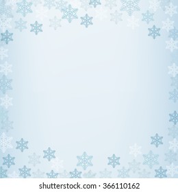 Winter border with  white and blue snowflakes on blue blurred soft background. Vector illustration.