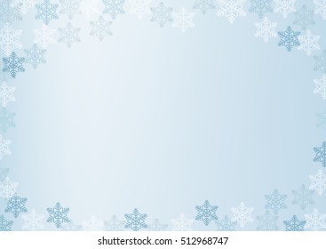 Winter border with white and blue snowflakes on blue blurred soft background. Christmas and New Year holiday wallpaper. Vector illustration.