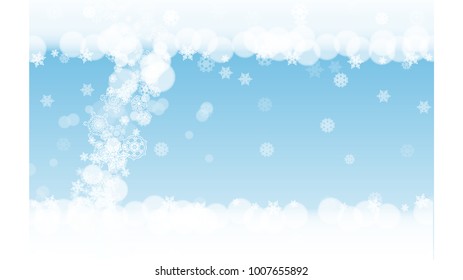 Winter border with white snowflakes for Christmas and New Year celebration. Horizontal winter border on blue background  for banners, gift coupons, vouchers, ads, party events. Falling frosty snow.