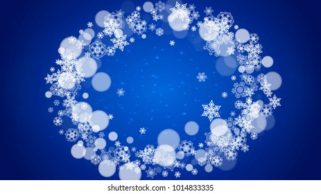 Winter border with white snowflakes for Christmas and New Year celebration. Horizontal winter border on blue background for banners, gift coupon, voucher, ads, party events. Falling frosty snowflakes.