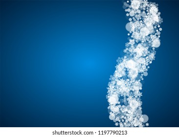 Winter border with white snowflakes for Christmas and New Year celebration. Horizontal winter border on blue background for banners, gift coupon, voucher, ads, party events. Falling frosty snowflakes.